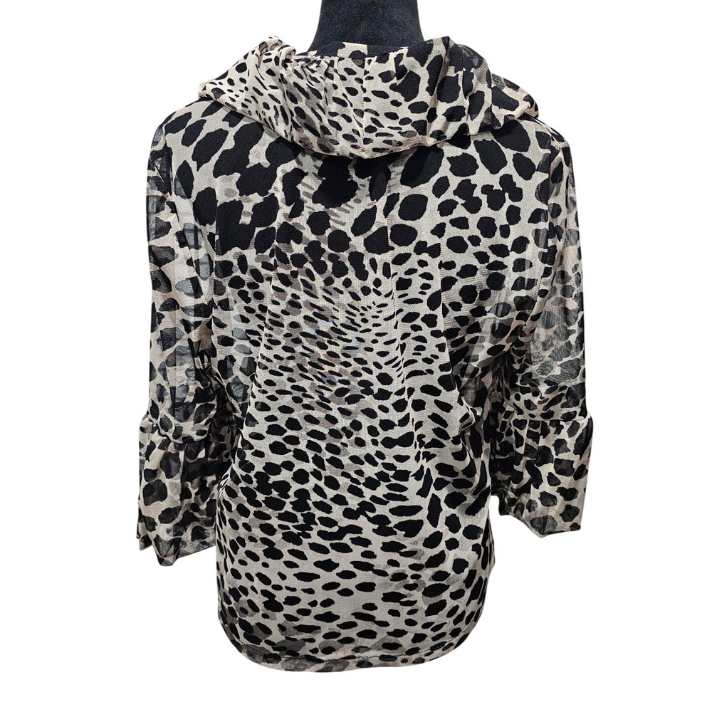 Damee Blouse Top Women Large Gray Leopard Mesh Ruffle Collar‎ Balloon Hem Sleeve - Picture 5 of 10